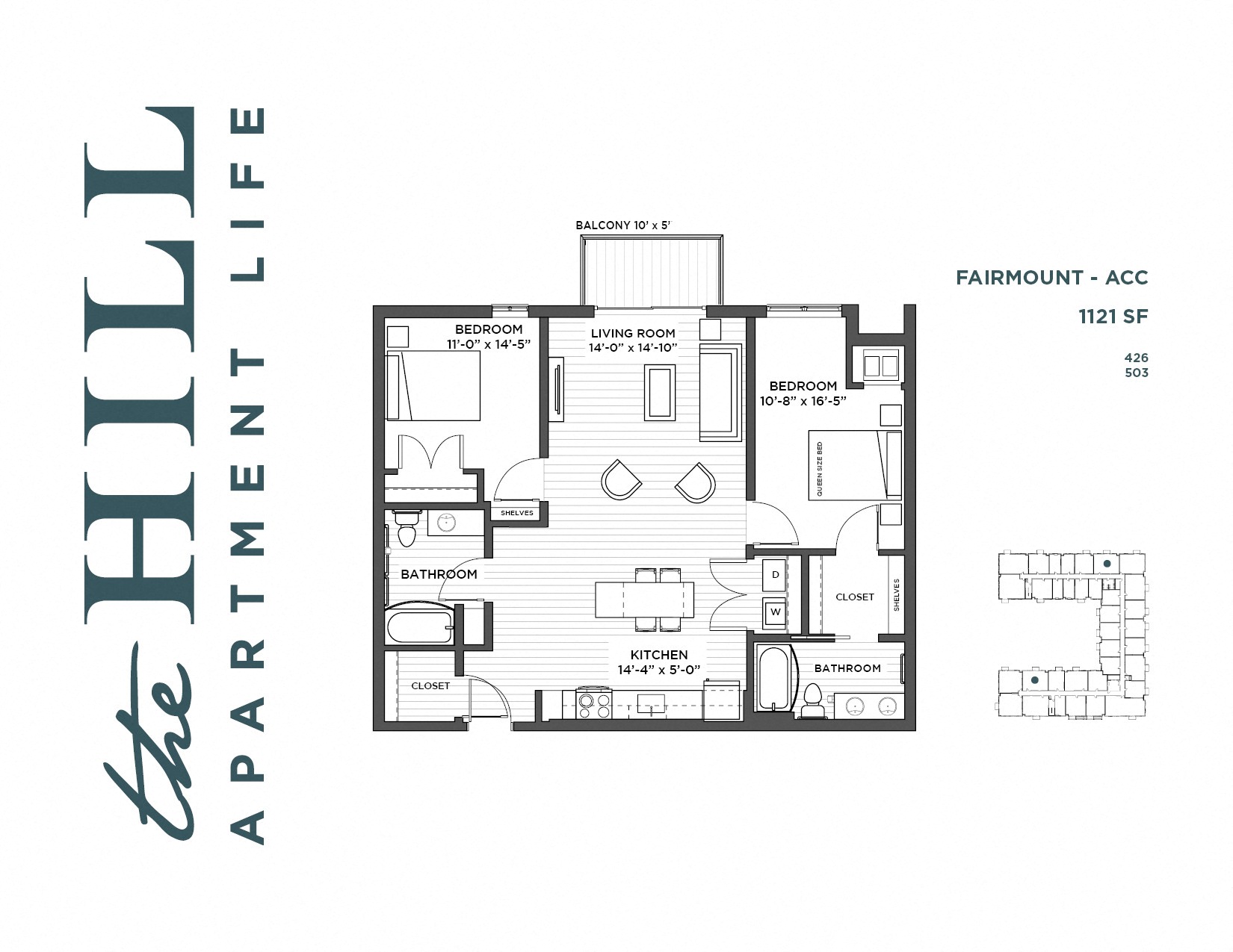 Floor plan for 2 beds, 2 baths, 1121 sqft